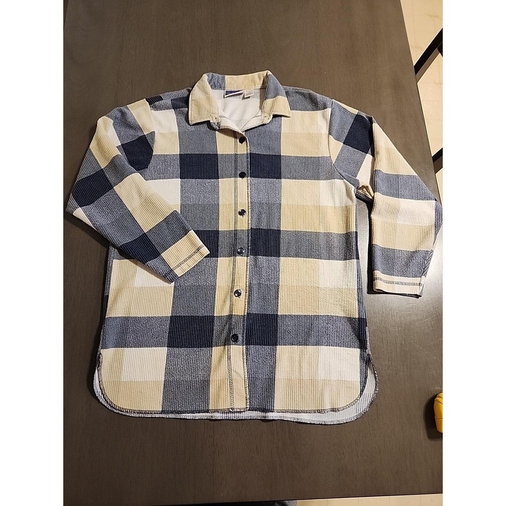 Vtg North Crest Blue Cream Plaid Longline Button Shirt Sz Lg Coastal Rural Chic